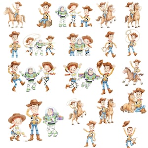 May include: A collection of digital illustrations featuring characters from Toy Story, including Woody, Jessie, Buzz Lightyear, and Bullseye in various poses, such as riding a horse, waving, dancing, and holding lassos, rendered in a colorful cartoon style.