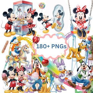 Puede incluir: Una colección de ilustraciones de dibujos animados coloridos con Mickey Mouse, Minnie Mouse, Donald Duck, Daisy Duck, Goofy y Pluto. Las imágenes incluyen una máquina de garras, un espejo, un columpio, un carrusel y varias golosinas. El texto "180+ PNGs" también está presente.
