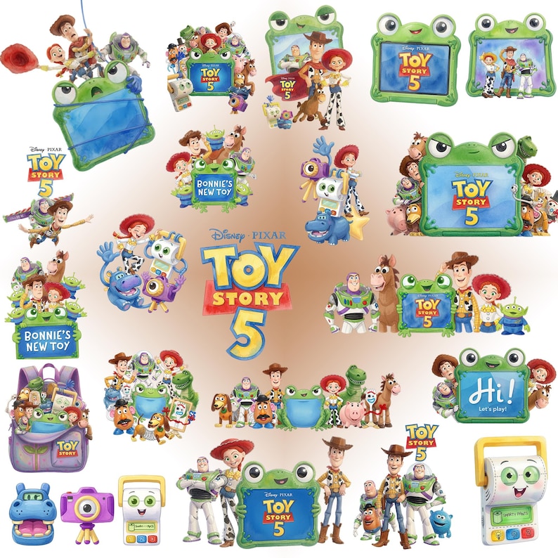 K&ouml;nnte beinhalten: Eine Sammlung von digitalen Toy Story 5-Grafiken mit Woody, Buzz Lightyear, Jessie und anderen Charakteren neben gr&uuml;nen froschf&ouml;rmigen Rahmen, Tablets und verschiedenen Spielzeugen. Die Bilder enthalten das Toy Story 5-Logo und Text.