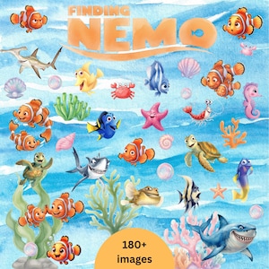 Puede incluir: Una colección digital de ilustraciones con temática de Finding Nemo que presenta varios animales marinos coloridos, incluyendo peces payaso, tiburones, tortugas marinas, un caballito de mar, un cangrejo y una estrella de mar sobre un fondo azul.