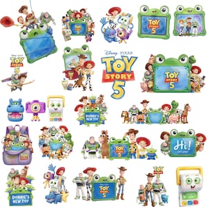 May include: A collection of digital illustrations featuring Disney Pixar Toy Story 5 characters including Woody, Buzz Lightyear, Jessie, and various green frog-shaped frames. The graphics include the Toy Story 5 logo, backpacks, cameras, and toys.
