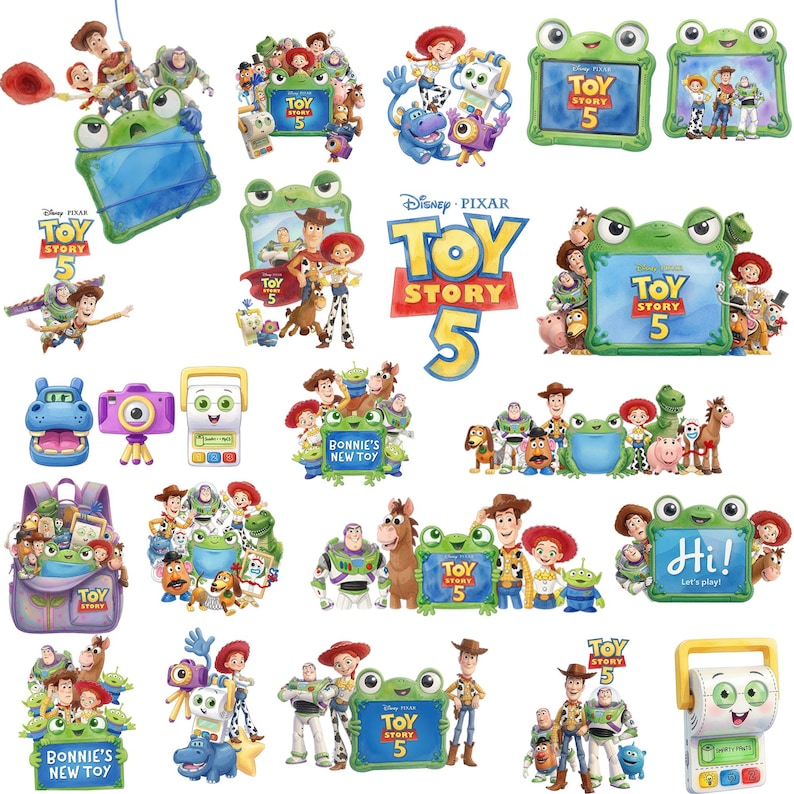 May include: A collection of digital illustrations featuring Disney Pixar Toy Story 5 characters including Woody, Buzz Lightyear, Jessie, and various green frog-shaped frames. The graphics include the Toy Story 5 logo, backpacks, cameras, and toys.