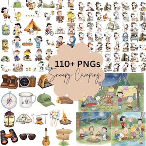 以下が含まれることがあります： スヌーピーのキャンプをテーマにしたPNGグラフィックのコレクション。画像には、キャンプ活動に従事するスヌーピーと友達のさまざまなイラスト、キャンプ用品、テキスト「110+ PNGs」と「Snoopy Camping」が含まれています。