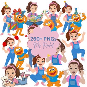 Puede incluir: Una colección de ilustraciones de dibujos animados que presentan a una mujer con un mono rosa y azul con un personaje similar a Barrio Sésamo. La imagen incluye el texto "260+ PNGs Ms. Rachel". Las ilustraciones muestran varias poses y actividades.