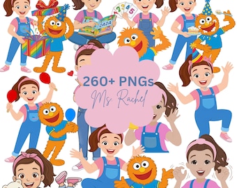 May include: A collection of cartoon illustrations featuring a woman in pink and blue overalls with a Sesame Street-like character. The image includes the text "260+ PNGs Ms. Rachel". The illustrations depict various poses and activities.