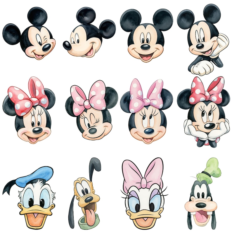 May include: Watercolor illustrations of Mickey Mouse, Minnie Mouse, Donald Duck, Goofy, and Daisy Duck. Mickey and Minnie are depicted in various poses, with Minnie wearing pink bows. Donald Duck is wearing a blue sailor hat.