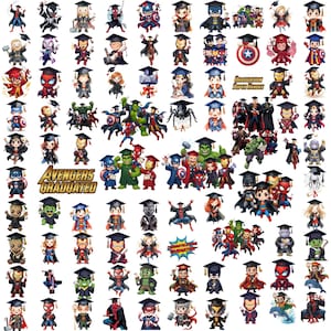 Puede incluir: Una imagen colorida con numerosos personajes de superhéroes, como Spider-Man y Capitán América, todos con gorras de graduación. El texto en la imagen dice "Avengers Graduated" y "Graduation Superheroes".