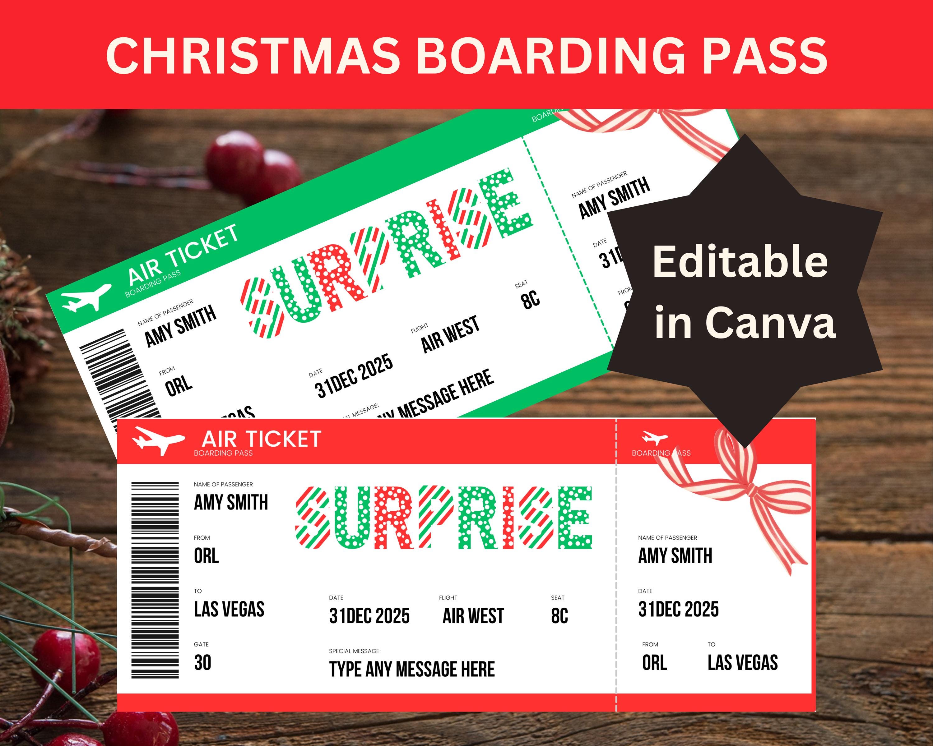 Custom Pass Tickets Editable Christmas Boarding Pass Ticket | Canva Template | Custom ...