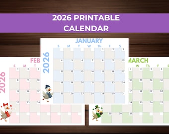 May include: Printable 2026 calendar featuring January, February, and March layouts. Each month has a unique color scheme and includes cartoon goose illustrations. The calendar is designed with a purple banner at the top.
