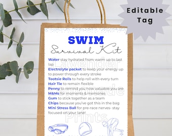 Geschenk fürs Schwimmteam | Anhänger fürs Schwimm-Überlebensset | Bearbeitbarer Anhänger für die Tasche | Schwimm-Vorlage zum Ausdrucken | Süßigkeiten-Überlebensset | Willkommen im Team | Schwimmteam