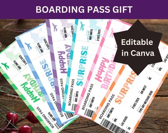 May include: A collection of colorful boarding pass gift cards with the text "Happy Birthday" and "Surprise". The cards feature a plane graphic and the text "Boarding Pass" and "Amy Smith". The words "Editable in Canva" are also visible.