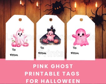 Etiquetas rosas imprimibles de Halloween - Etiquetas rosas de fantasma para bolsas de dulces