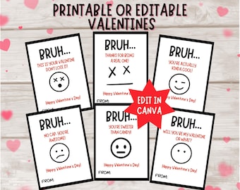 Printable Bruh Valentine Cards | Editable in Canva | Snarky Valentines | Kids Classroom Valentines Day Card | Boy Valentines | Class Party