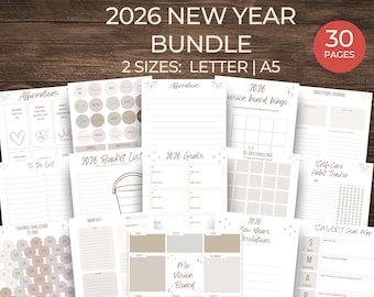 Puede incluir: Un conjunto de páginas de planificador imprimibles para 2026, que incluyen un tablero de visión, un rastreador de objetivos y un diario de gratitud. El paquete incluye 30 páginas en dos tamaños: Carta y A5. Las páginas presentan una paleta de colores neutros con texto como "Afirmaciones" y "2026 Metas".