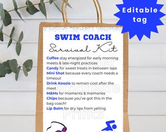 Cadeau zwemcoach | Tag voor zwemoverlevingskit | Bewerkbaar label voor tas | Afdrukbaar zwemmen | Snoep-overlevingspakket | Bewerkbaar in canvas
