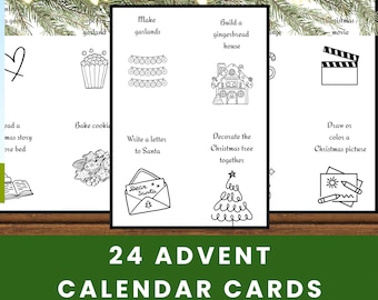 May include: Black and white Advent calendar cards with Christmas-themed activities. The cards feature illustrations of making garlands, baking cookies, writing to Santa, and decorating a Christmas tree. The text "24 Advent Calendar Cards" is at the bottom.