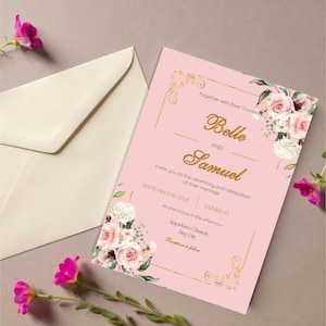 Blumige Hochzeitseinladungskarte, Details, Rsvp, Elegante Hochzeitseinladungskartenvorlage, bearbeitbar in Canva, Pink und Gold
