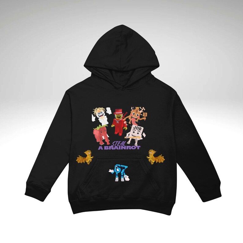 May include: Black hooded sweatshirt with a graphic of cartoon characters and the text "STEAL A BRAINROT". The design includes colorful figures, including a figure with a "JOB" label. The sweatshirt has a kangaroo pocket.