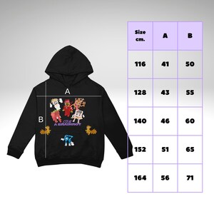 May include: Black hooded sweatshirt with a cartoon graphic and the text "STEAL A BRAINROT." A size chart in centimetres is displayed. Measurements are provided for sizes from 116cm to 164cm in height.