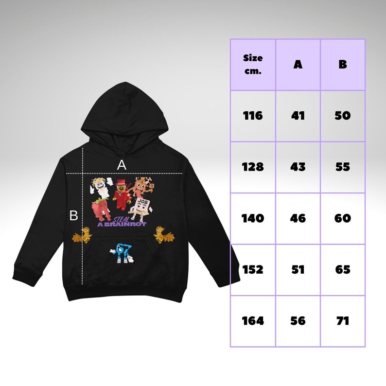 May include: Black hooded sweatshirt with a cartoon graphic and the text "STEAL A BRAINROT." A size chart in centimetres is displayed. Measurements are provided for sizes from 116cm to 164cm in height.