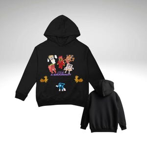 May include: Black hooded sweatshirt with a colourful graphic of cartoon characters and the text "STEAL A BRAINROT". The design includes various figures and symbols. The sweatshirt has a front pocket and a hood.