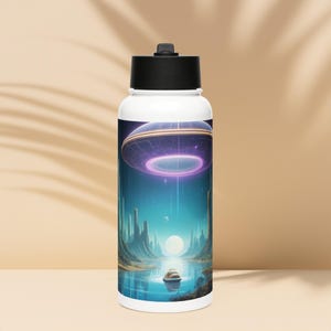 May include: White water bottle with a graphic of a futuristic landscape with a flying saucer hovering over a body of water. The landscape features tall, thin structures and a small boat in the water.