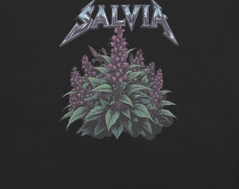 May include: A black graphic design featuring the word "SALVIA" in a metallic, stylized font above a detailed illustration of a flowering plant with purple blooms and green leaves. The design has a vintage, botanical aesthetic.