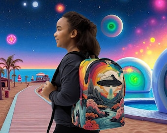 Rainbow Ukiyo-e UFO Minimalist Backpack, Artistic Sci-Fi Travel Bag, Water-Resistant Polyester School & Urban Backpack