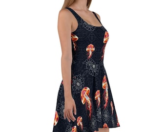 May include: A black skater dress with a pattern of red and orange jellyfish on a dark background. The dress has a scoop neck and a sleeveless design.