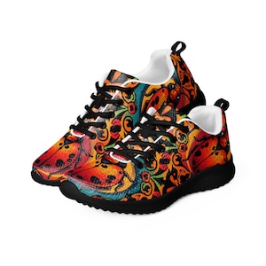 May include: Black and white trainers with a colourful pattern of ladybirds and floral designs. The trainers have a white sole and black laces.