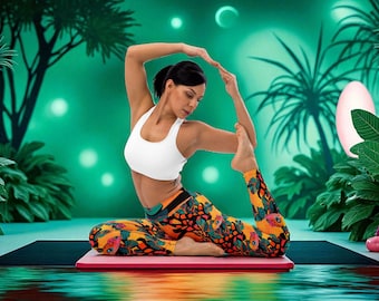 Tree Frog Print Yoga Leggings: High-Rise, Four-Way Stretch