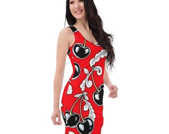May include: A red sleeveless dress with a cherry print. The dress has a fitted silhouette and a scoop neckline.