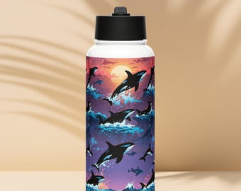 Orca Killer Whale Sunset Stainless steel water bottle with a straw lid