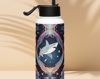 May include: A white stainless steel water bottle with a black lid and a colorful design featuring a shark swimming in a galaxy-like background.