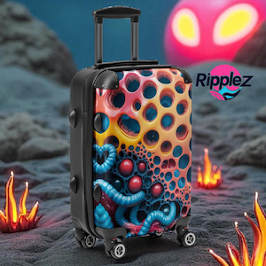 May include: A black rolling suitcase with a colorful, abstract design featuring orange, blue, and red patterns. The suitcase has a retractable handle and wheels. The word "Ripplez" is printed on the side.