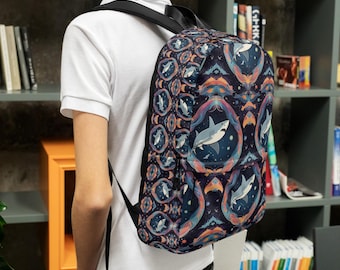 May include: A black backpack with a colorful pattern of white sharks and geometric shapes. The backpack has adjustable straps and a zipper closure.