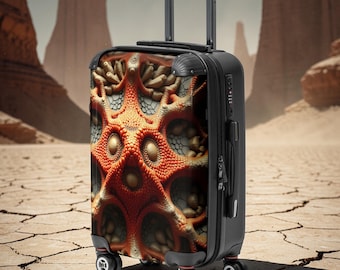 May include: Black rolling suitcase with a unique, detailed design on the front. The design features a red and orange pattern with a textured appearance. The suitcase has a retractable handle and is set against a desert backdrop.
