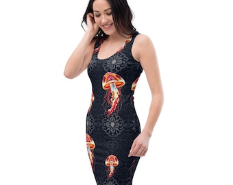 May include: A black sleeveless dress with a repeating pattern of jellyfish and floral designs. The jellyfish are orange, red, and white.