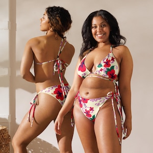 String Bikini, Hibiscus Print Swimsuit, Recycled Polyester, Adjustable Ties, UPF 50+, Plus Size Swimwear, Tropical Beach Vacation Bikini
