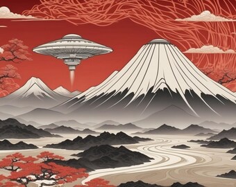 May include: A digital illustration of a Japanese landscape with a red sky, white mountains, and a flying saucer. The scene is decorated with cherry blossom trees and a winding river.