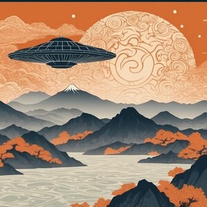 May include: A digital illustration of a futuristic flying saucer hovering over a mountain range with a large, swirling moon in the background. The mountains are depicted in a traditional Japanese style with cherry blossoms.