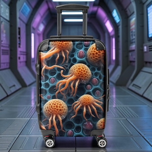 May include: A black travel suitcase with a distinctive design of orange jellyfish-like creatures on a blue backdrop. The case has a retractable handle and four wheels, ideal for journeys. The case is 50cm tall.