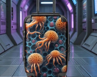 May include: A black rolling suitcase with a unique design featuring orange jellyfish-like organisms on a blue background. The suitcase has a retractable handle and four wheels, perfect for travel.