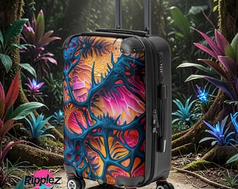 May include: A black rolling suitcase with a vibrant, abstract design in shades of blue, orange, and pink. The suitcase has a retractable handle and four wheels. The word "Ripplez" is visible on the bottom left.