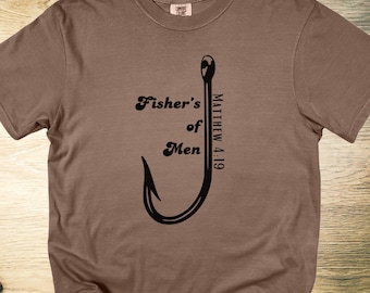 Christian Graphic Tee, Fishers of Men Matthew 4:19 T-Shirt, Bible Verse Shirt with Fish Hook, Faith Based Fishing Tee Gift for Believers