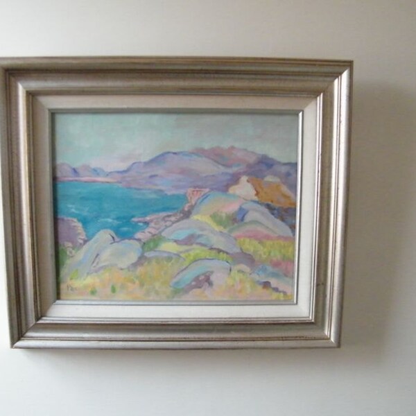 Naive Vintage Pastels Painting Irish West of Ireland Thatched Roof Cottage Connemara Rocks Shore Beach Coast