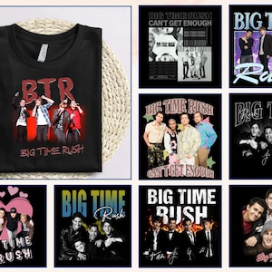 Pode incluir: Camiseta preta com um gráfico da banda Big Time Rush, com as letras "BTR" em vermelho. As palavras "Big Time Rush" são impressas abaixo. Imagens adicionais da banda e capas de álbuns também são exibidas.