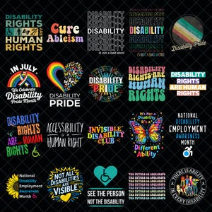 Puede incluir: Una colección de diseños gráficos con temas de derechos de las personas con discapacidad y orgullo. Los diseños presentan textos como "Los derechos de las personas con discapacidad son derechos humanos", "Orgullo de la discapacidad" y "La accesibilidad es un derecho humano".