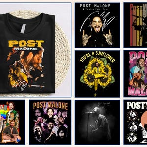 May include: Black t-shirt with a Post Malone graphic and signature. The image also features several Post Malone graphic designs on black backgrounds, including tour posters and album art.
