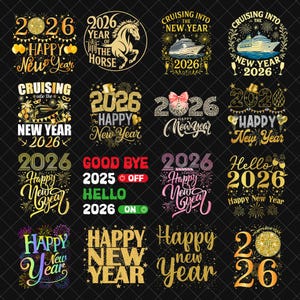 Puede incluir: Una colección de gráficos temáticos de Año Nuevo con el año 2026. Los diseños incluyen bolas de discoteca, cruceros, fuegos artificiales y las frases "Feliz Año Nuevo" y "Crucero hacia el Año Nuevo".